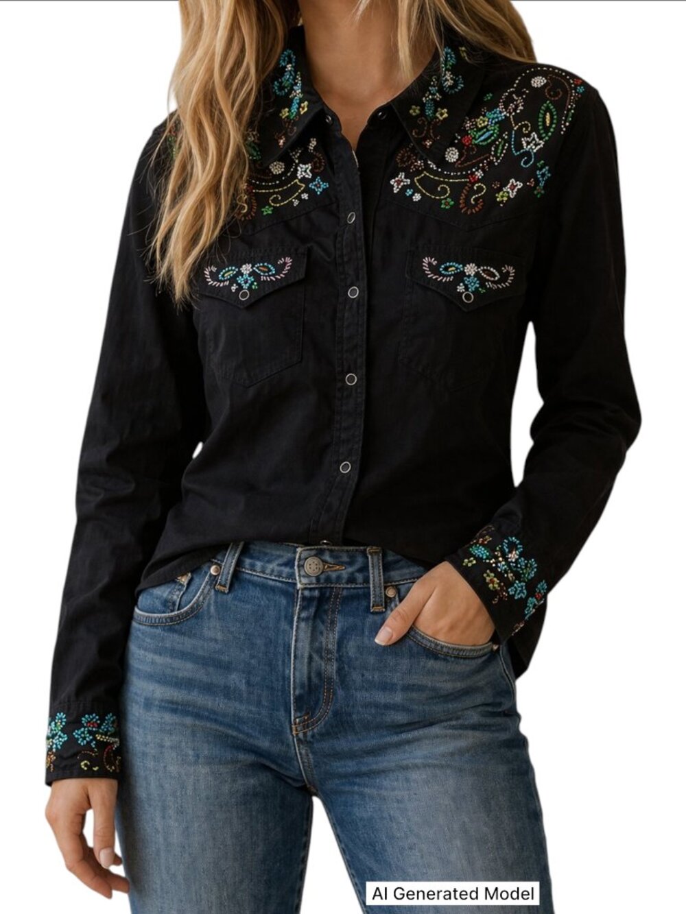 Vintage For Joseph Beaded Western Snap Shirt Boho Cowgirl Size Small